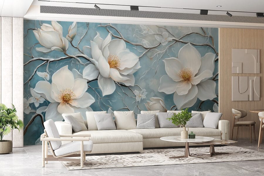 Pittura di fiori bianchi su sfondo blu Pittura di fiori bianchi su sfondo blu