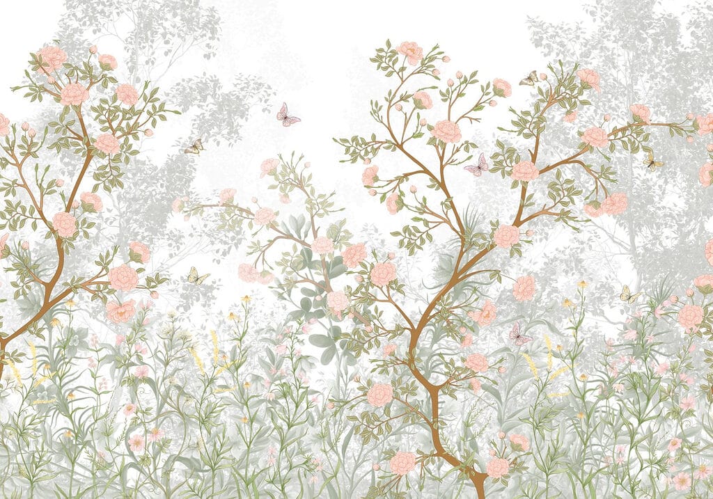 Pittura di un albero con fiori e farfalle Pittura di un albero con fiori e farfalle