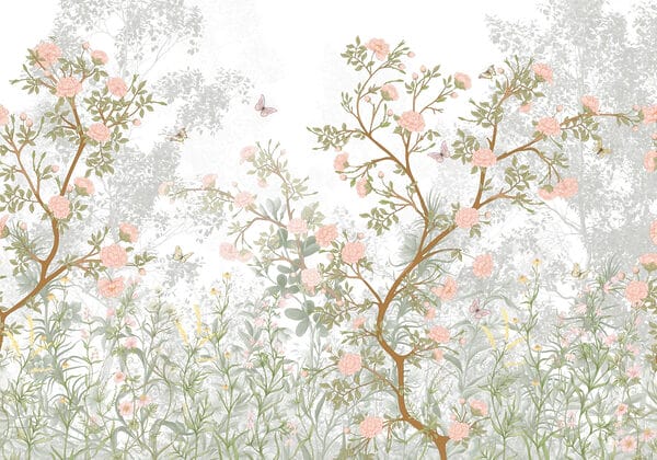 Pittura di un albero con fiori e farfalle Pittura di un albero con fiori e farfalle