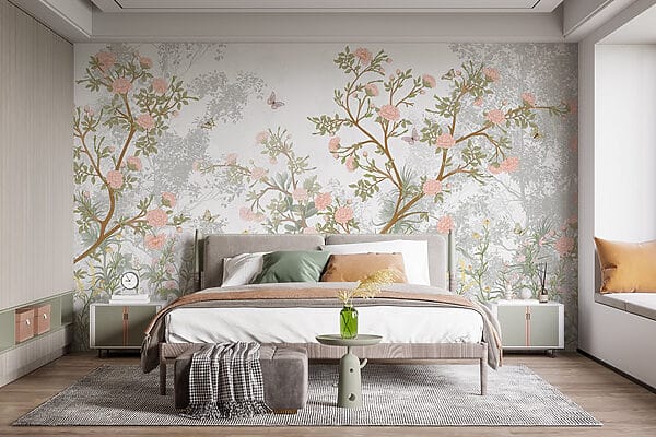 Pittura di un albero con fiori e farfalle Pittura di un albero con fiori e farfalle