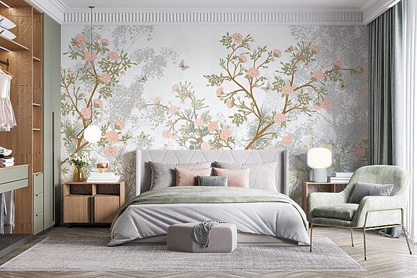 Pittura di un albero con fiori e farfalle Pittura di un albero con fiori e farfalle