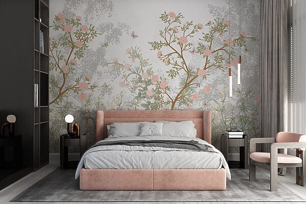 Pittura di un albero con fiori e farfalle Pittura di un albero con fiori e farfalle