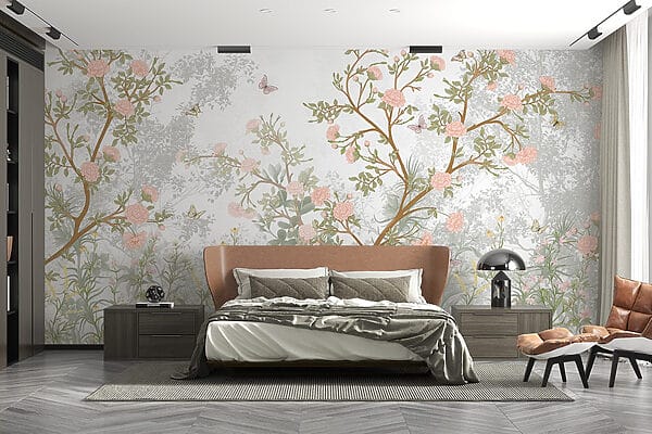 Pittura di un albero con fiori e farfalle Pittura di un albero con fiori e farfalle