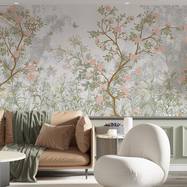 Pittura di un albero con fiori e farfalle Pittura di un albero con fiori e farfalle