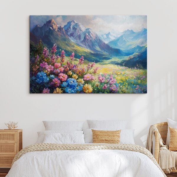 Quadri Quadri Dipinto raffigurante fiori in un campo con le montagne sullo sfondo (COD: s42855)