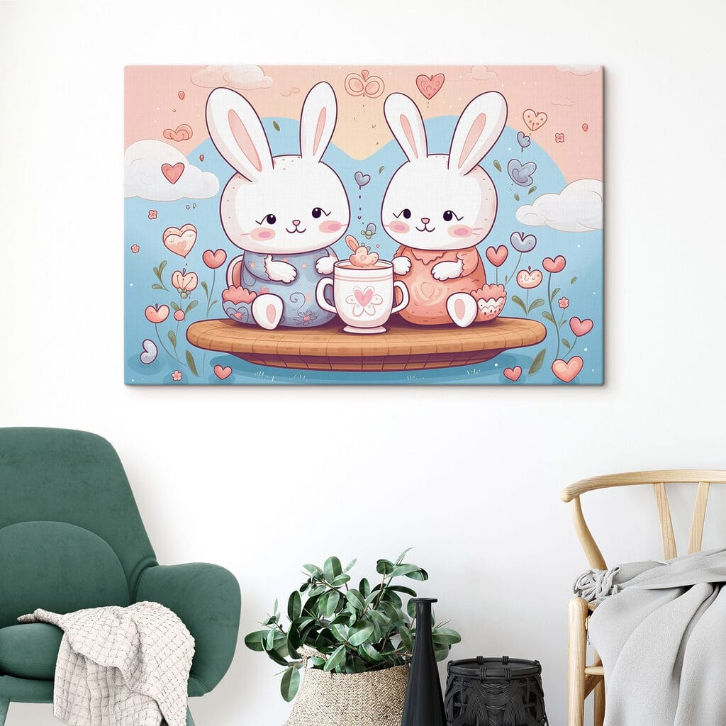 Couple of bunnies sitting on a tray with a cup of tea