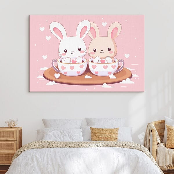 Two cartoon rabbits in tea cups Two cartoon rabbits in tea cups