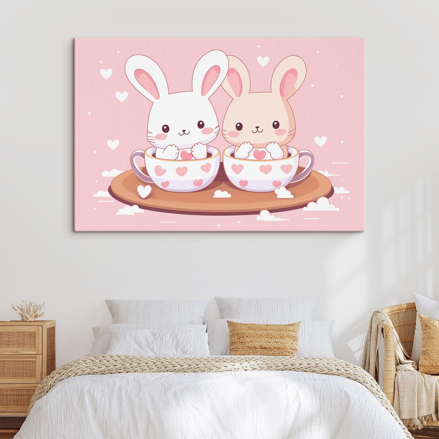 Two cartoon rabbits in tea cups Two cartoon rabbits in tea cups