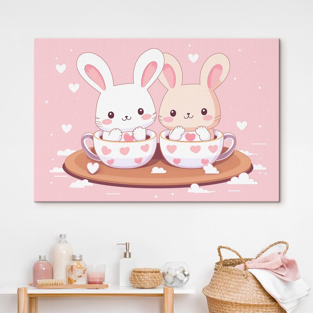 Two cartoon rabbits in tea cups Two cartoon rabbits in tea cups