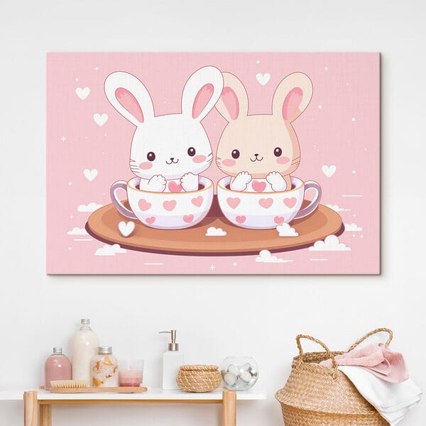Two cartoon rabbits in tea cups Two cartoon rabbits in tea cups