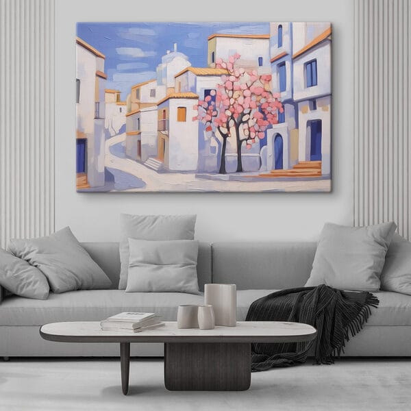 Painting of a tree in front of a building Painting of a tree in front of a building