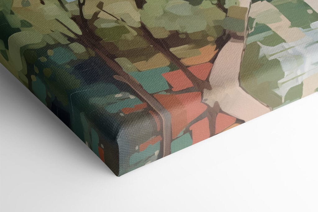 Painting of a city with trees and a river Painting of a city with trees and a river