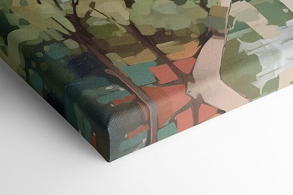 Painting of a city with trees and a river Painting of a city with trees and a river