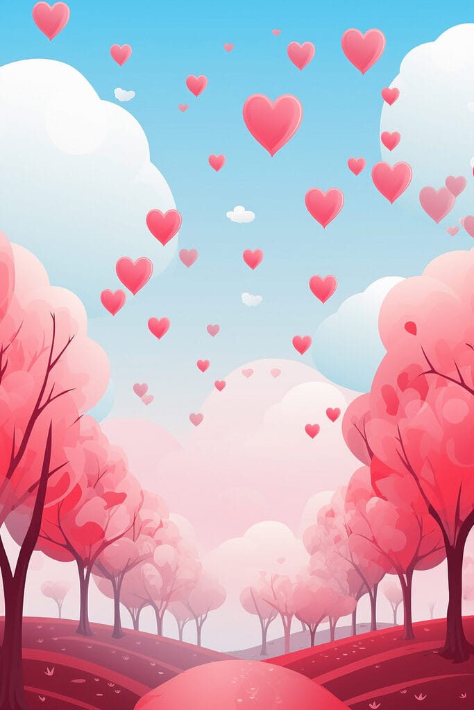 Pink trees with hearts flying in the sky