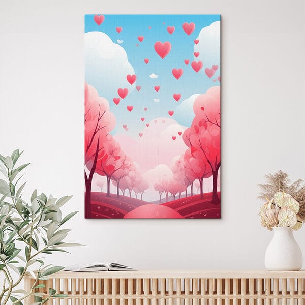 Pink trees with hearts flying in the sky