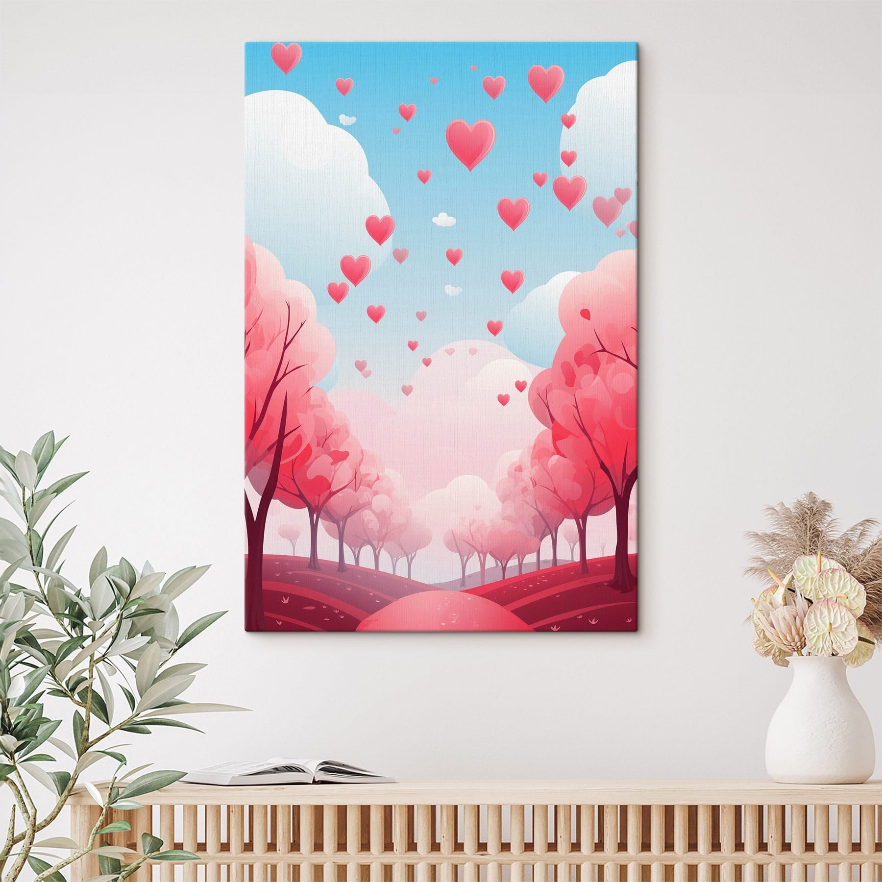Pink trees with hearts flying in the sky
