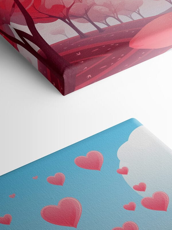 Pink trees with hearts flying in the sky