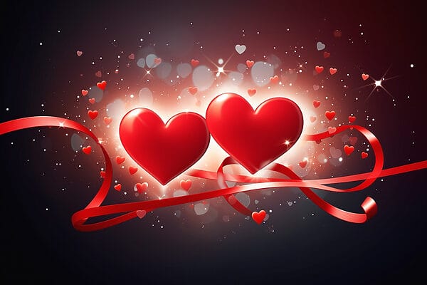 Two hearts with red ribbons and lights Two hearts with red ribbons and lights