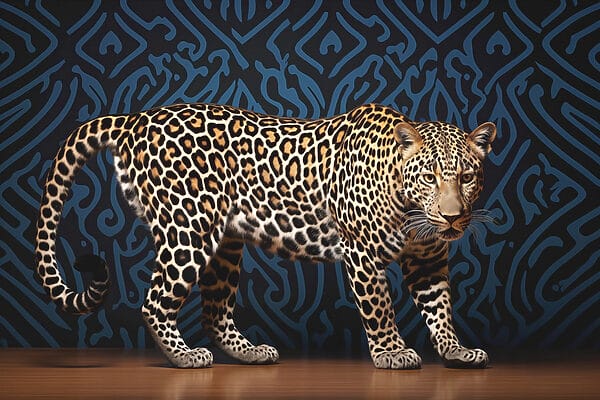 Leopardo in piedi su un pavimento di legno Leopardo in piedi su un pavimento di legno