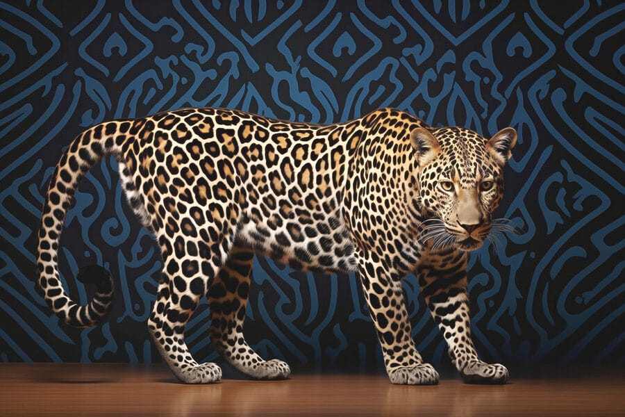 Leopardo in piedi su un pavimento di legno