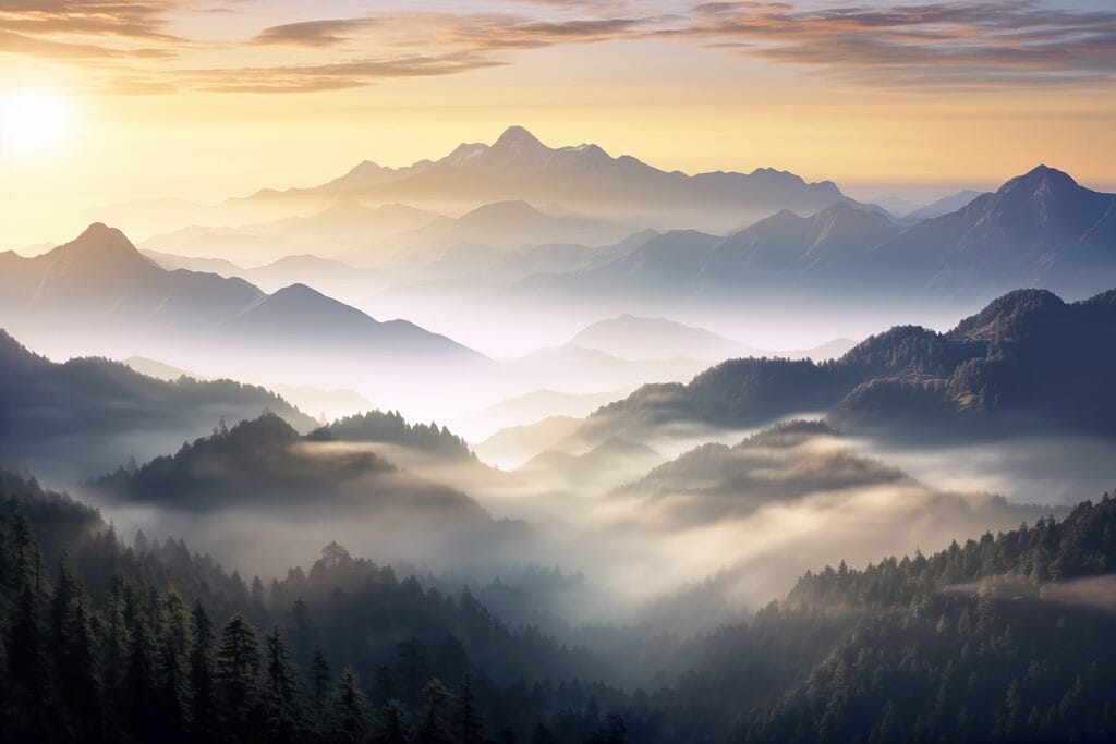 Paesaggio di montagne con nebbia e alberi Paesaggio di montagne con nebbia e alberi