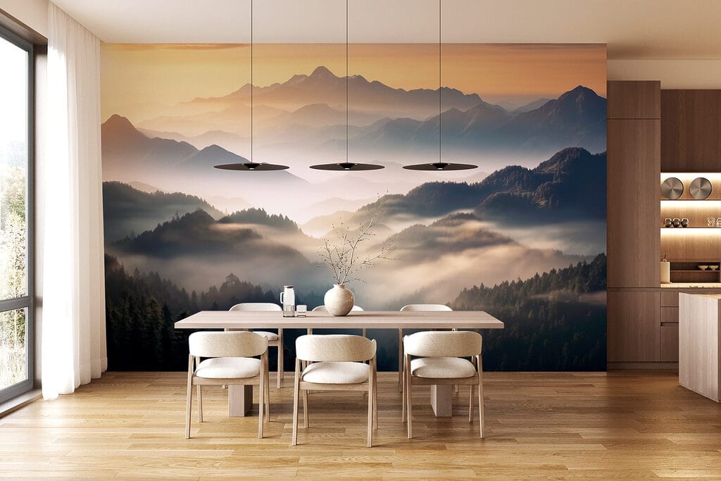 Landscape of mountains with fog and trees