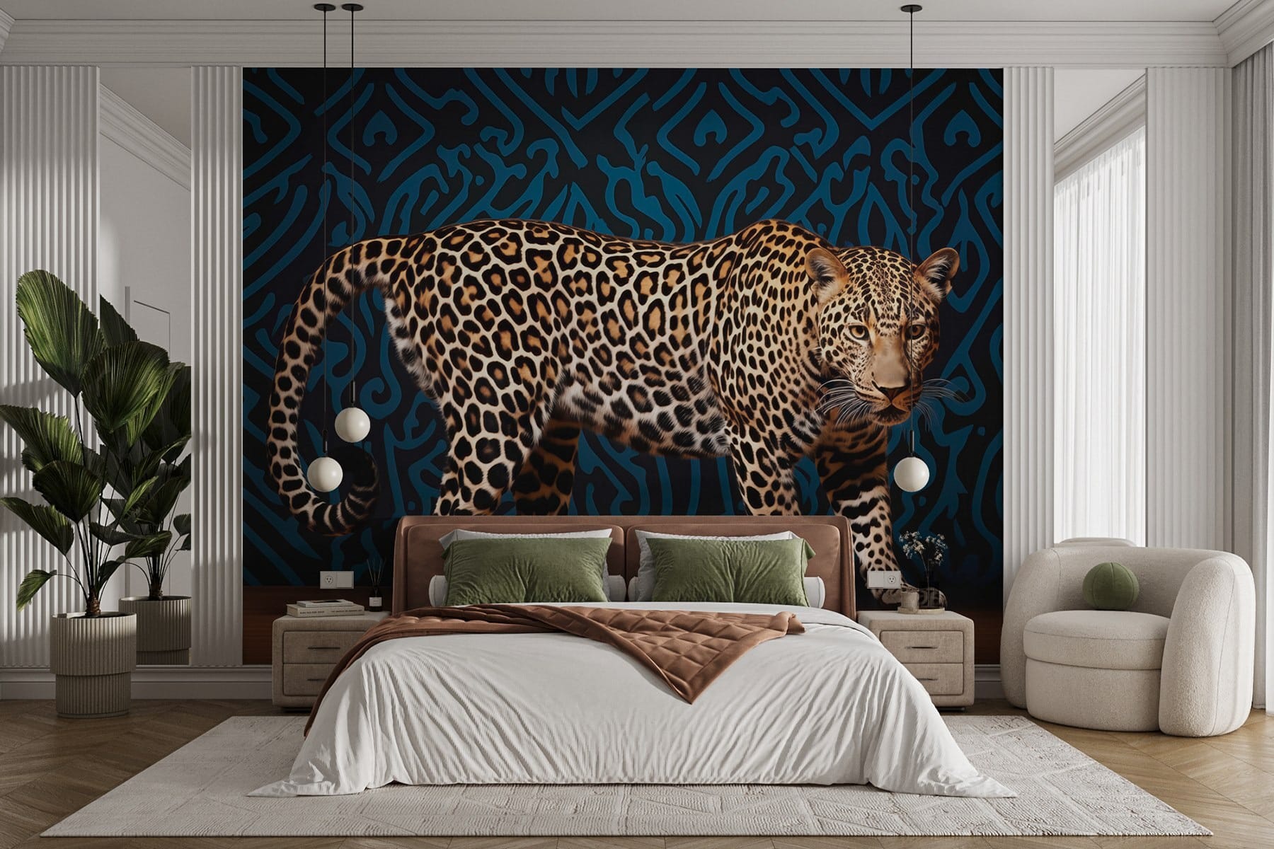 Leopard standing on a wood floor