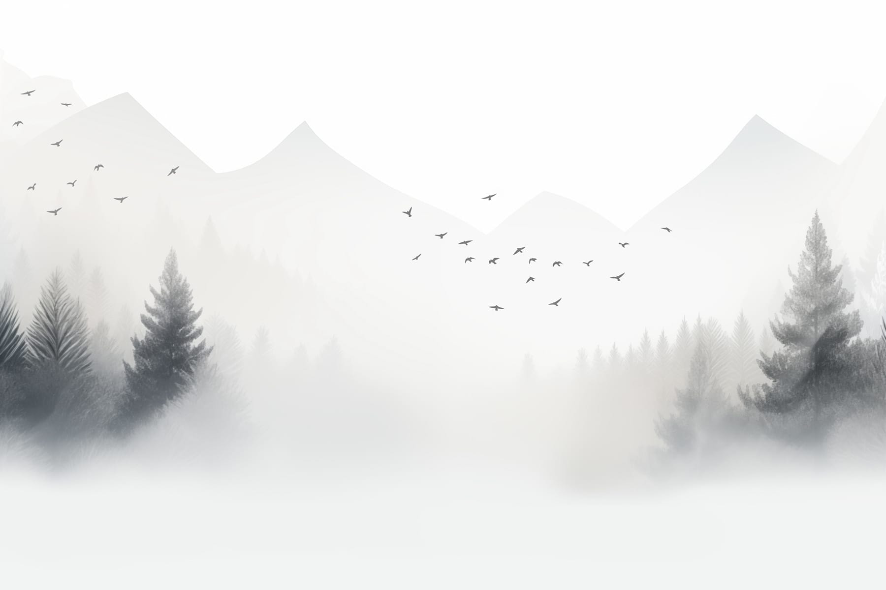 Birds flying over a foggy forest