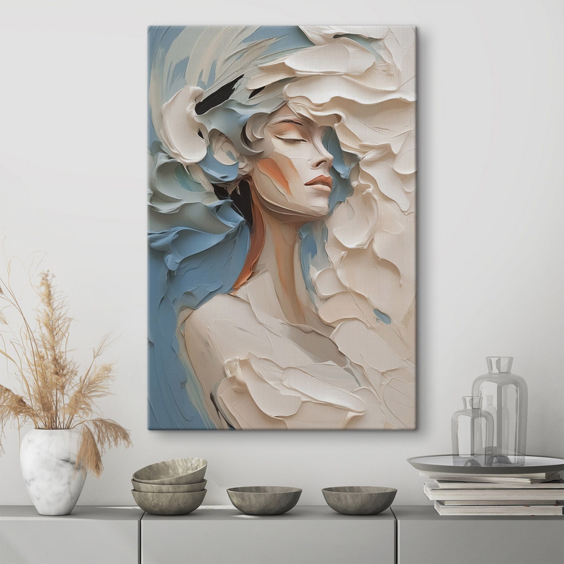 Painting of a woman with white and blue paint Painting of a woman with white and blue paint