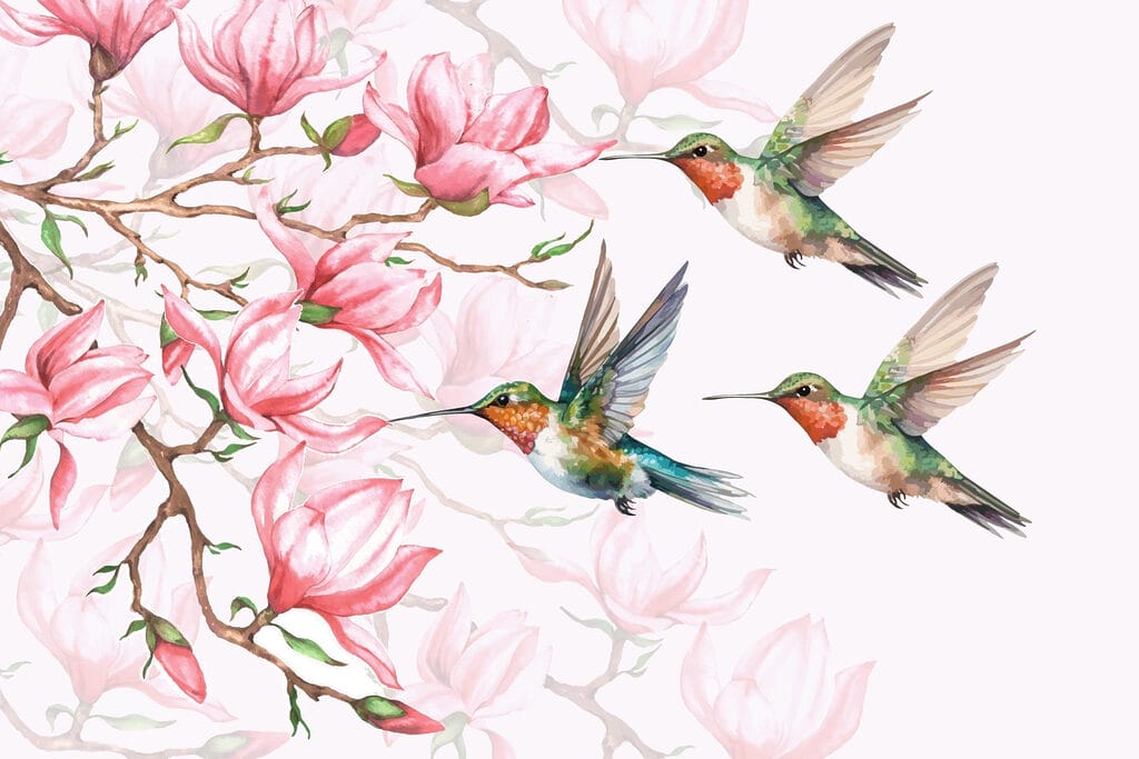 Gruppo di colibrì in volo accanto ai fiori Gruppo di colibrì in volo accanto ai fiori