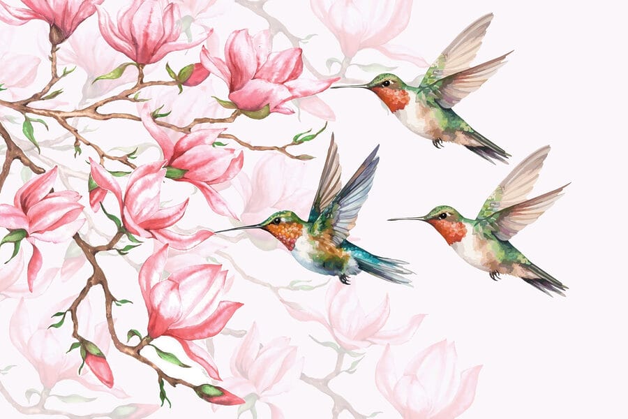 Gruppo di colibrì in volo accanto ai fiori