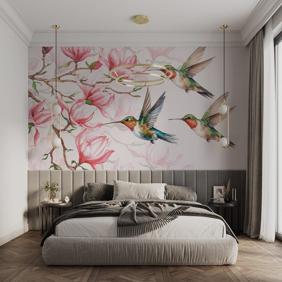 Gruppo di colibrì in volo accanto ai fiori