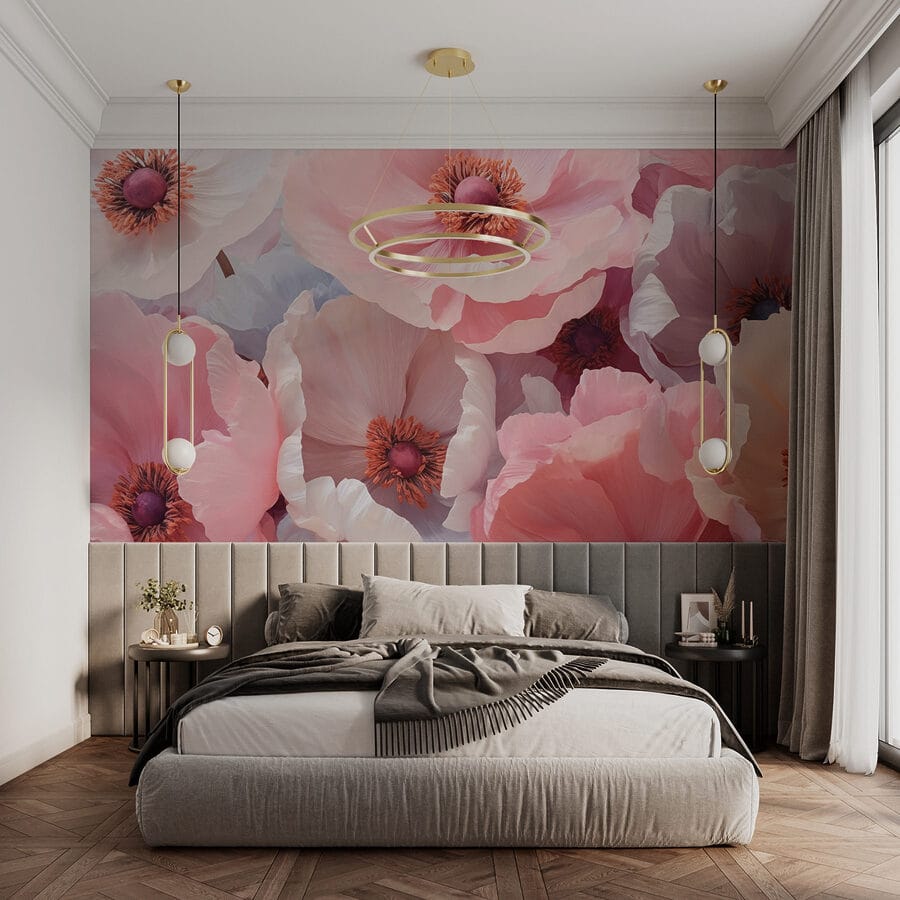 Carta da parati Gruppo di fiori bianchi e rosa