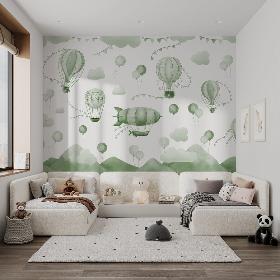Sfondo verde e bianco con palloncini e montagne