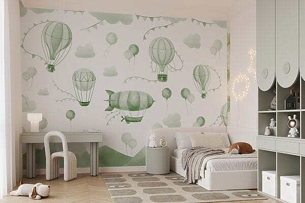 Sfondo verde e bianco con palloncini e montagne Sfondo verde e bianco con palloncini e montagne