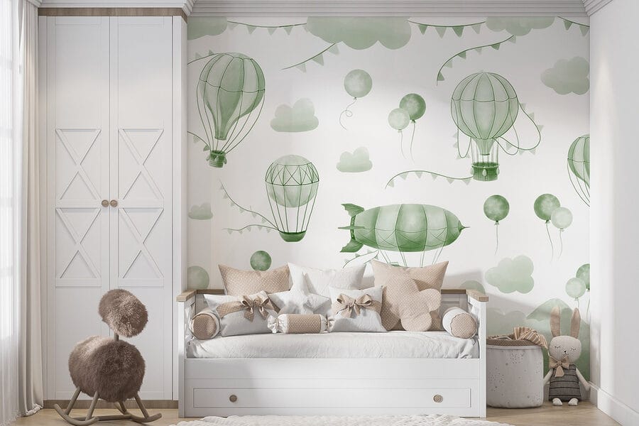 Sfondo verde e bianco con palloncini e montagne