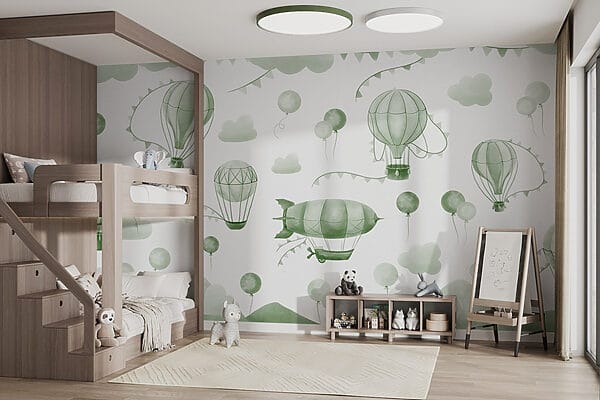 Sfondo verde e bianco con palloncini e montagne Sfondo verde e bianco con palloncini e montagne