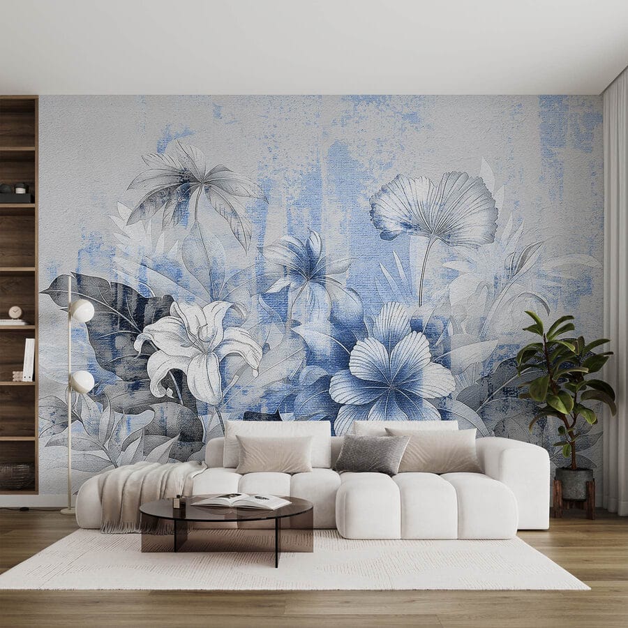 Delicate fioriture in tenui tonalità di blu