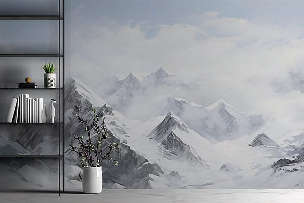 Snowy mountain range with clouds