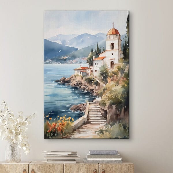 Quadri Quadri Acquerello raffigurante un edificio su una scogliera in riva al mare (COD: s42962)