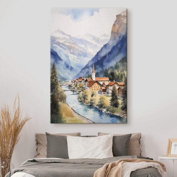Watercolor painting of a village in the mountains Watercolor painting of a village in the mountains