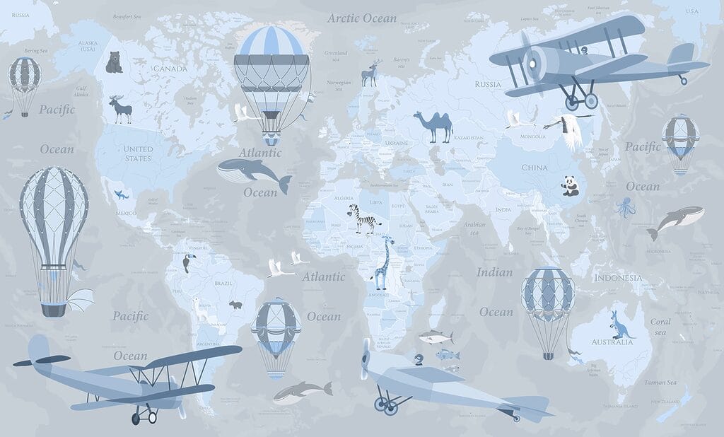 Mappa del mondo con diversi tipi di aeroplani e animali Mappa del mondo con diversi tipi di aeroplani e animali