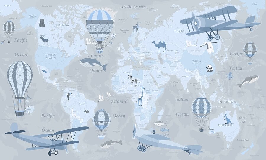 Mappa del mondo con diversi tipi di aeroplani e animali