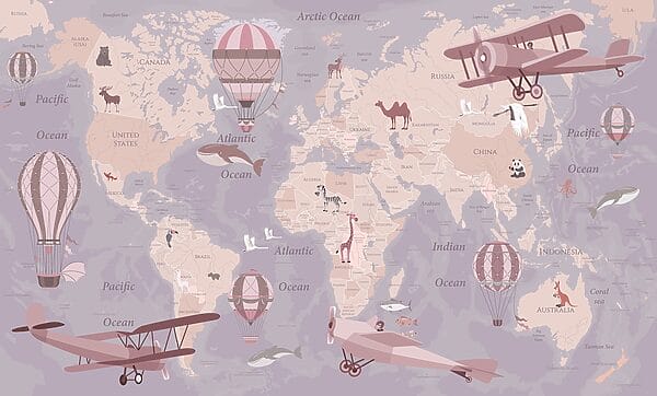 Una mappa del mondo con aeroplani e mongolfiere Una mappa del mondo con aeroplani e mongolfiere