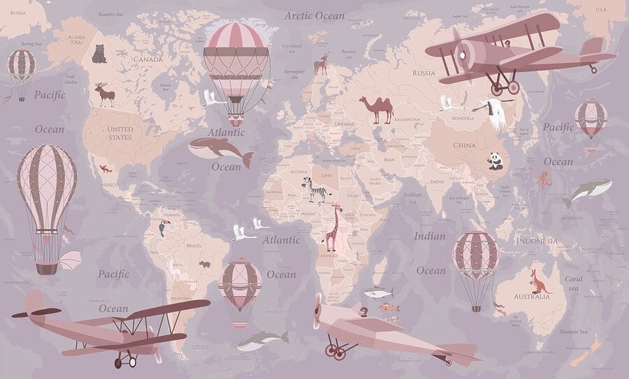 Una mappa del mondo con aeroplani e mongolfiere