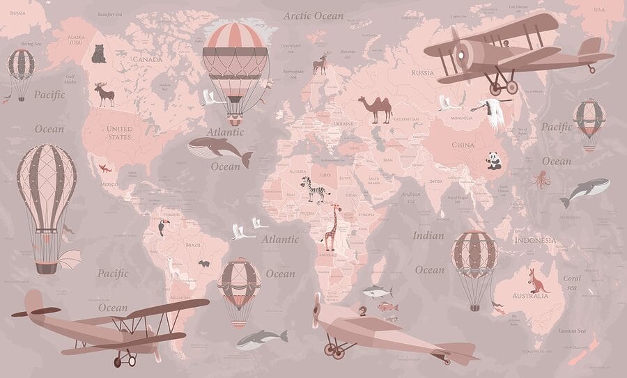 Una mappa del mondo con aeroplani e mongolfiere Una mappa del mondo con aeroplani e mongolfiere