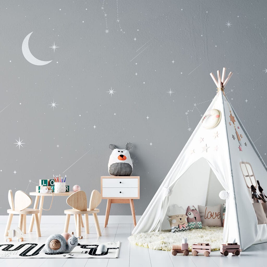 Grey sky with stars and moon