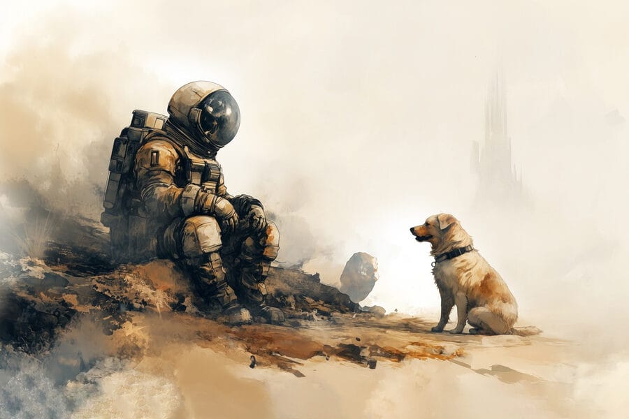 Un astronauta seduto su una roccia che guarda un cane Un astronauta seduto su una roccia che guarda un cane