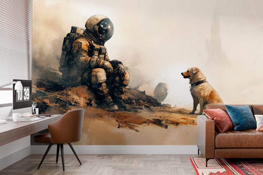 Un astronauta seduto su una roccia che guarda un cane Un astronauta seduto su una roccia che guarda un cane