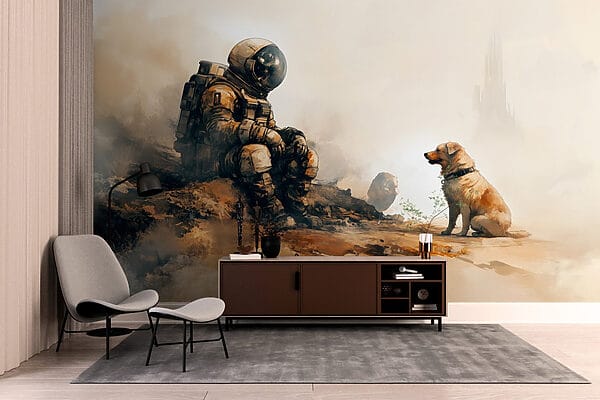 Un astronauta seduto su una roccia che guarda un cane Un astronauta seduto su una roccia che guarda un cane